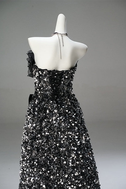 Gothic Black Dsigner Sequin Gown with Ruffled Bodice and Strapless – Black Formal Wear Dresses with Corset Back Plus Size