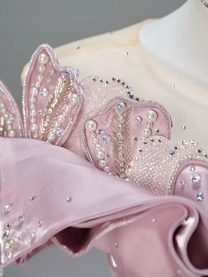 Blush Pink Satin Evening Gown with Leaf Appliqué – Off-Shoulder Evening Dress with Corset Back Plus Size