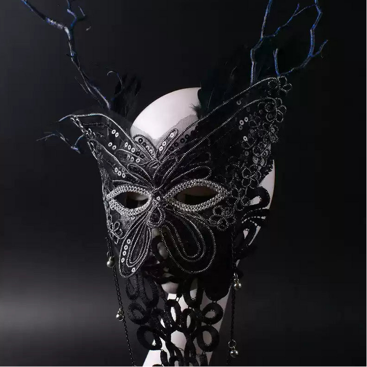 Handmade Gothic Butterfly Mask with Pearls – Fantasy Lace Mardi Gras Mask with Chains