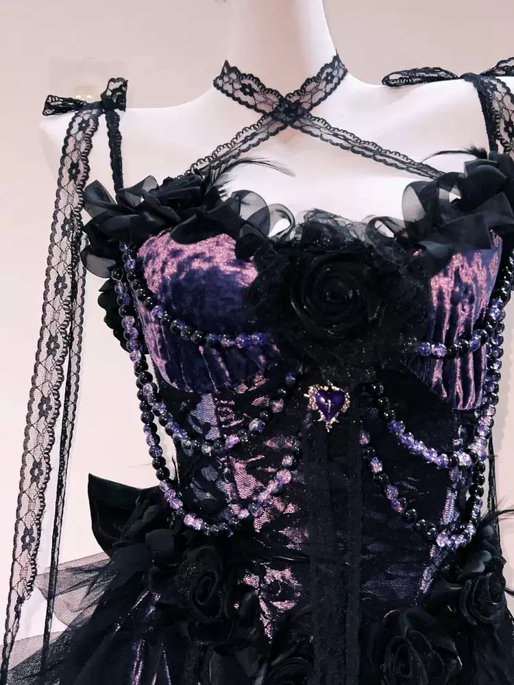 Victorian-Inspired Gothic Purple and Black Lace Corset Dress with High-Low Skirt – Gothic Prom Dress with Long Sleeves Plus Size