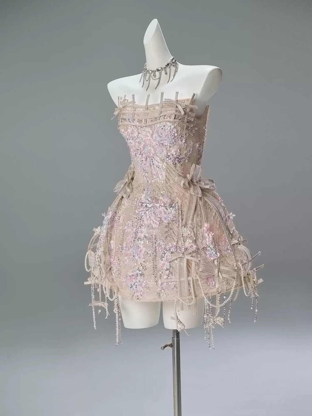 Blush Pink Strapless Mini Sequin Dress with Beaded Details – Sparkly Short Evening Dress with Corset Back Plus Size