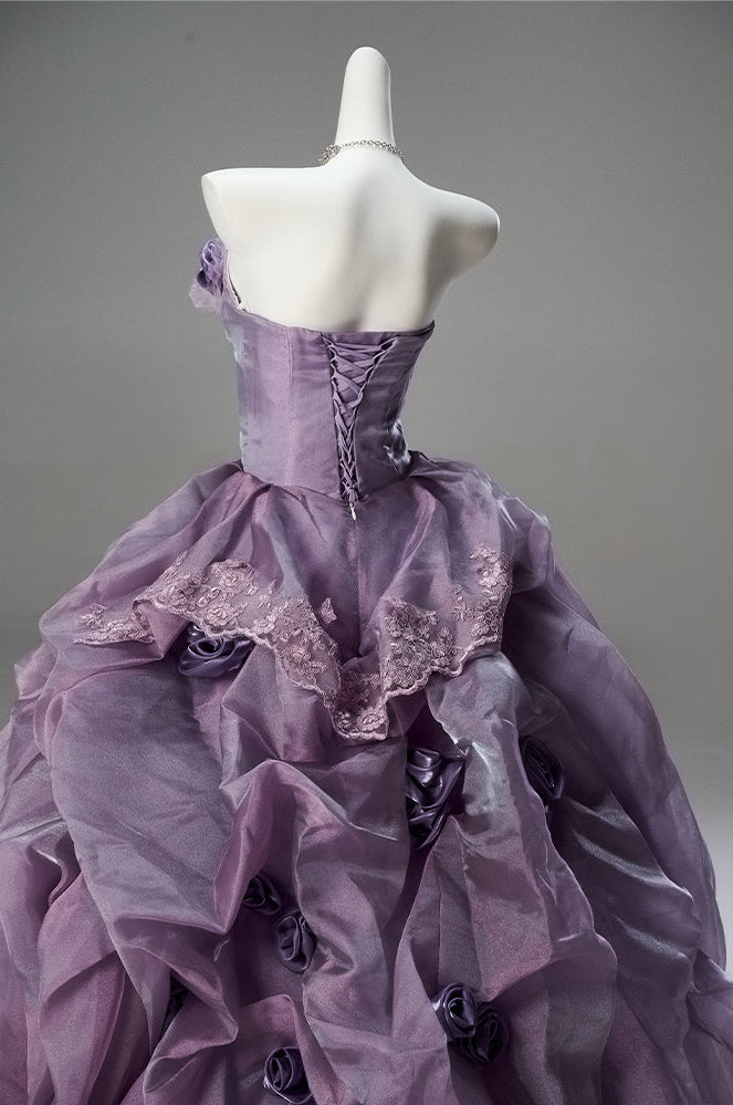 Romantic Lavender Purple Tiered Gown with Floral Appliqué –  Strapless Evening Dress with Corset Back and Lace Plus Size