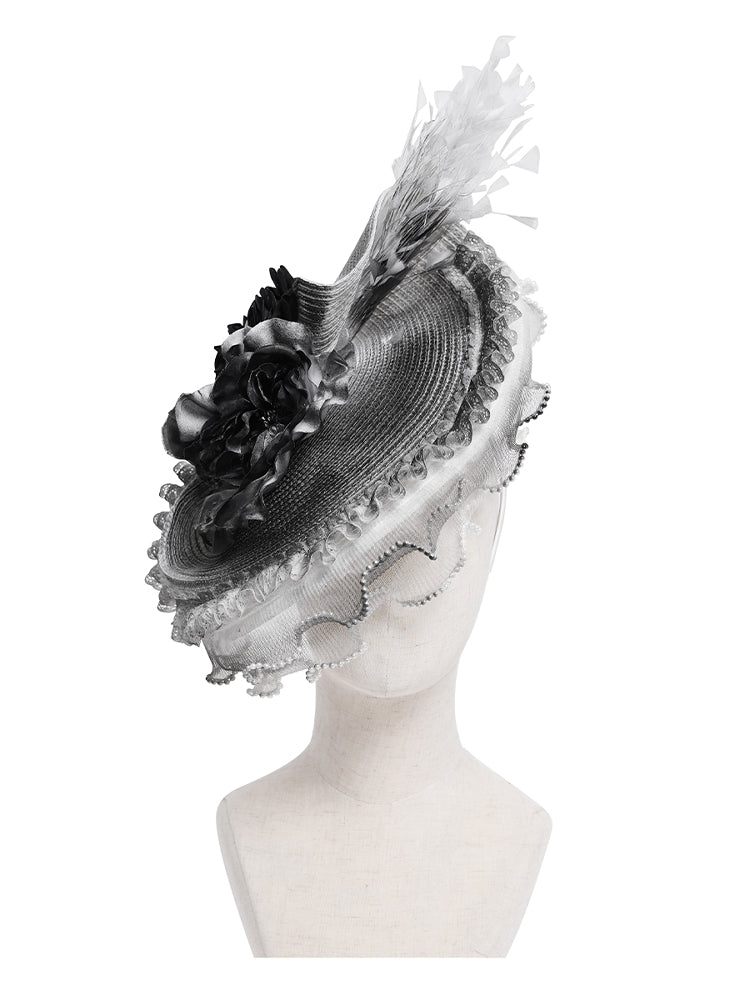 Victorian-Inspired Black and Silver Gothic Lace Fascinator Hat with Roses and Feathers