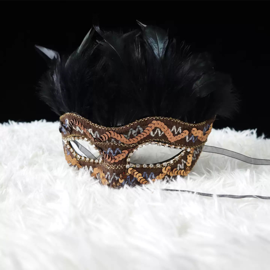 Handmade Venetian Black and Gold Feather Masquerade Mask – Baroque Lace Mask with Sequin