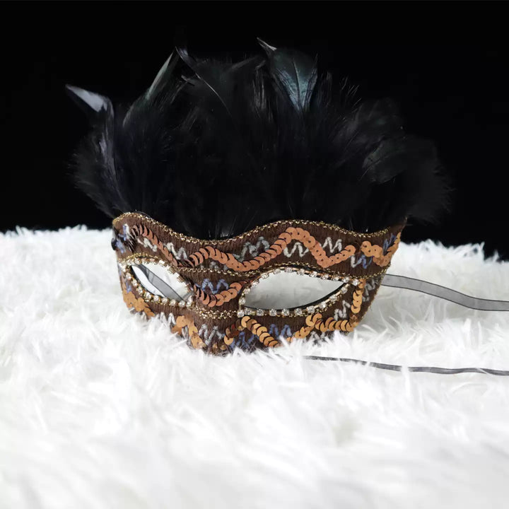 Handmade Venetian Black and Gold Feather Masquerade Mask – Baroque Lace Mask with Sequin