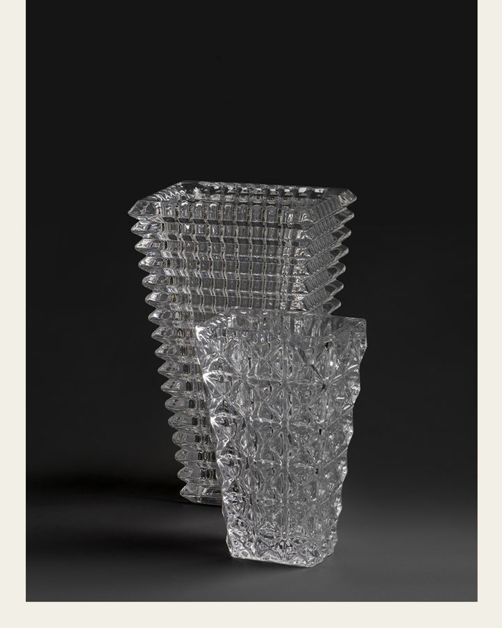 Antique French Handmade Pure Carved Crystal Vase with Rectangular Architectural Design