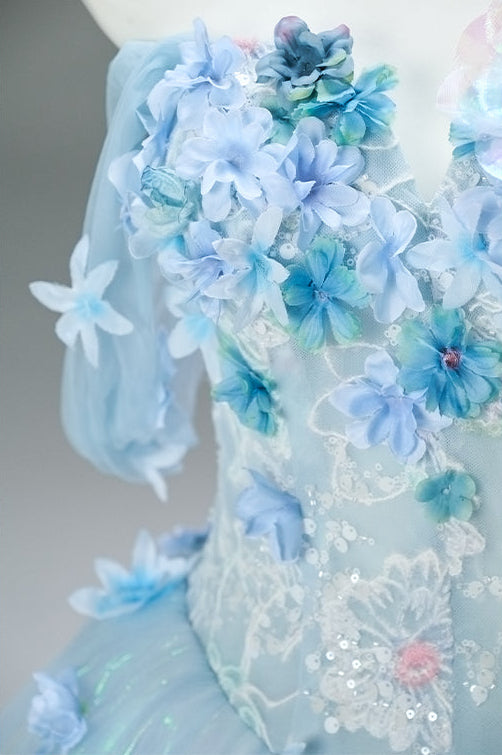 Light Blue Off-Shoulder Evening Gown with Floral Appliqué – Fairy Sparkle Evening Dress with Corset Back Plus Size
