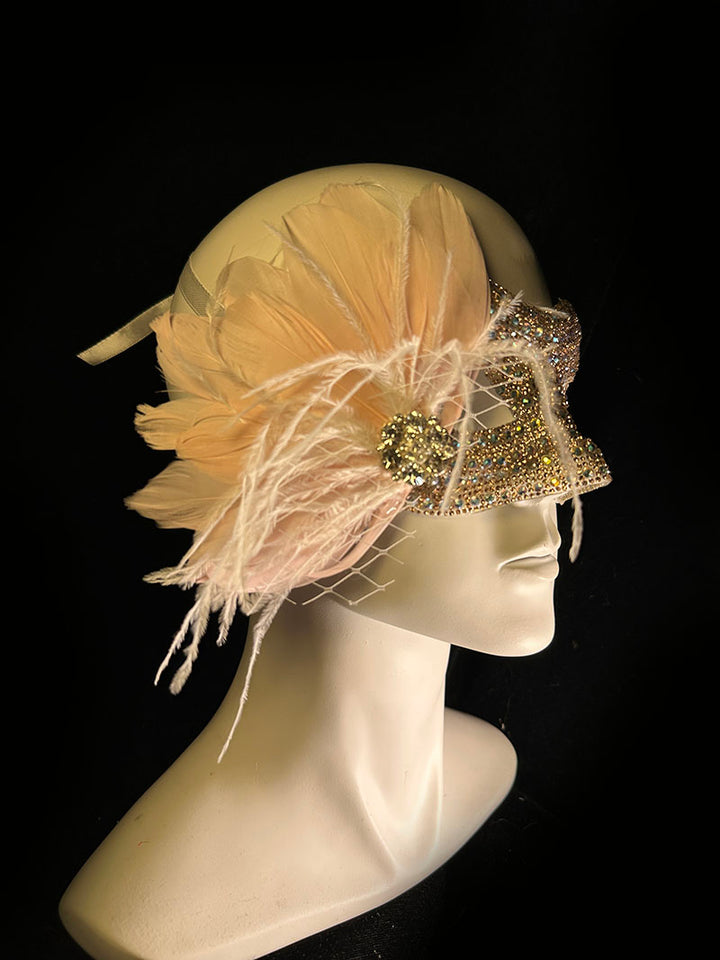 Gatsby Champagne Gold Feather Mask and Prom Mask with Rhinestones – Fancy Mardi Gras Mask with Sequin