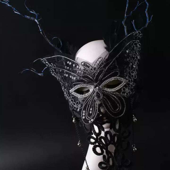 Handmade Gothic Butterfly Mask with Pearls – Fantasy Lace Mardi Gras Mask with Chains