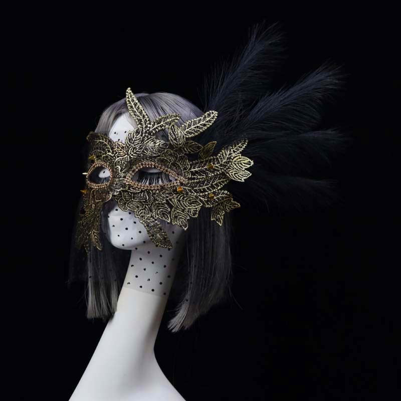Vintage-Inspired Handmade Gold Masquerade Mask –  Venetian Feather Mask Masquerade with Lace