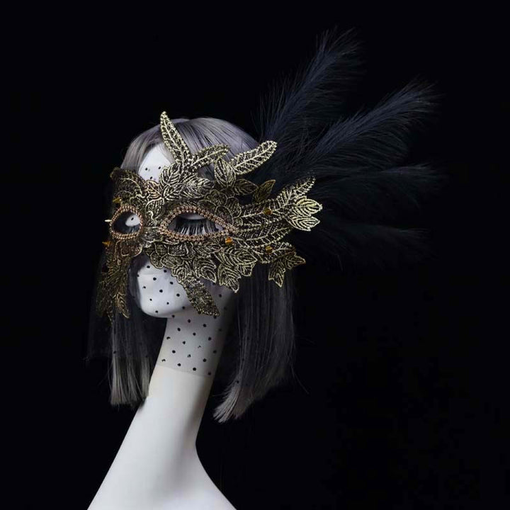 Vintage-Inspired Handmade Gold Masquerade Mask –  Venetian Feather Mask Masquerade with Lace
