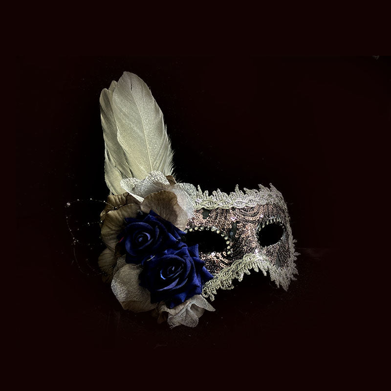 Vintage-Inspired Handmade Champagne Baroque Masquerade Mask – Lace Mask with Feathers and Sequin
