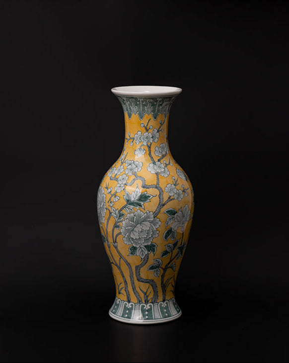 Antique European Imported Handmade Yellow Porcelain Vase with Hand-Painted Floral Motifs