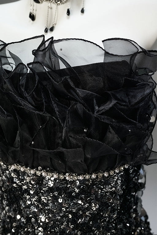 Gothic Black Dsigner Sequin Gown with Ruffled Bodice and Strapless – Black Formal Wear Dresses with Corset Back Plus Size