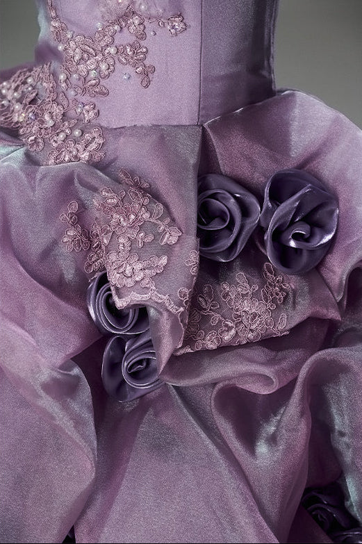 Romantic Lavender Purple Tiered Gown with Floral Appliqué –  Strapless Evening Dress with Corset Back and Lace Plus Size