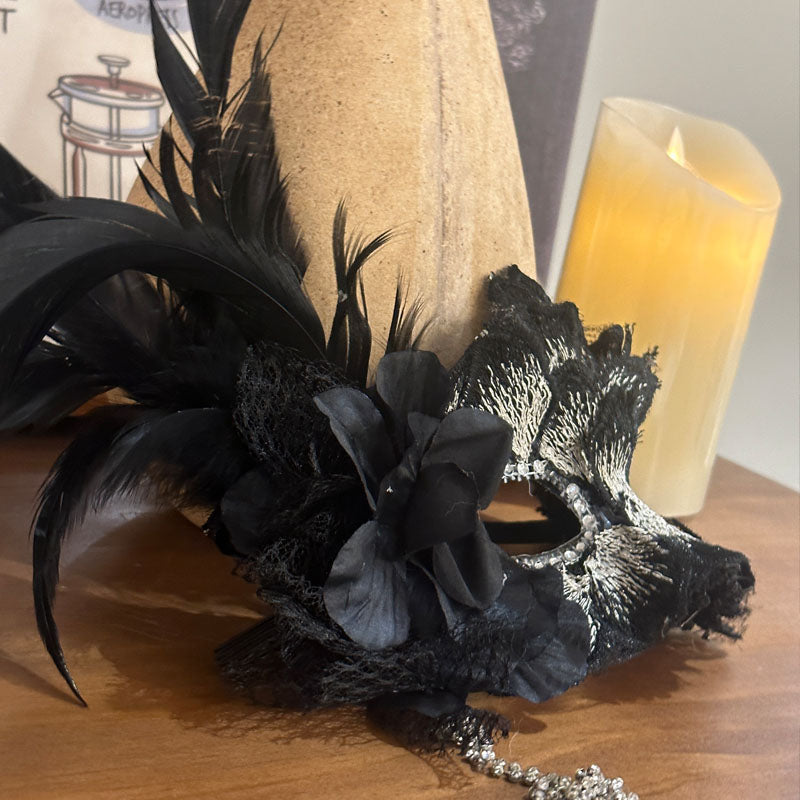 Handcrafted Gothic Black Feather Mask and Prom Mask with Lace Fringe – Elegant Mardi Gras Mask for Masquerade
