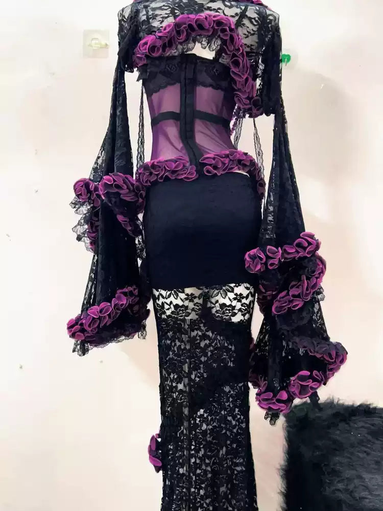 Victorian-Inspired Gothic Black and Purple Lace Corset Dress with Sheer Mermaid Skirt – Black Sexy Dress Plus Size