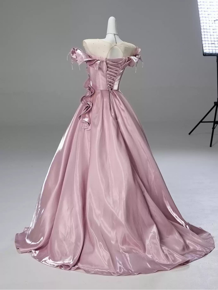 Blush Pink Satin Evening Gown with Leaf Appliqué – Off-Shoulder Evening Dress with Corset Back Plus Size