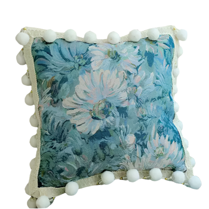 Monet’s Afternoon – Handmade Blue Velvet Cushion with Floral Tapestry and Pom Trim