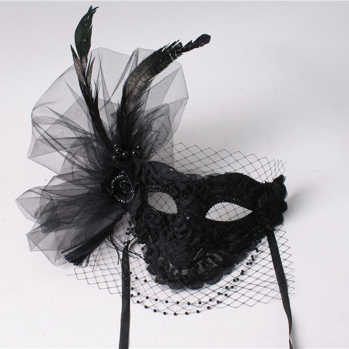 Handcrafted Gothic Black Mardi Gras Mask and Lace Masquerade Mask – Elegant Feather Mask with Veil