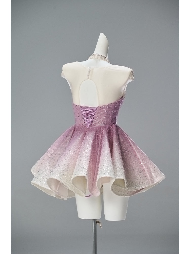 Dusty Rose Pink Short Glitter Dress with Illusion Neckline – Sparkly Sequin Evening Dress with Corset Back Plus Size