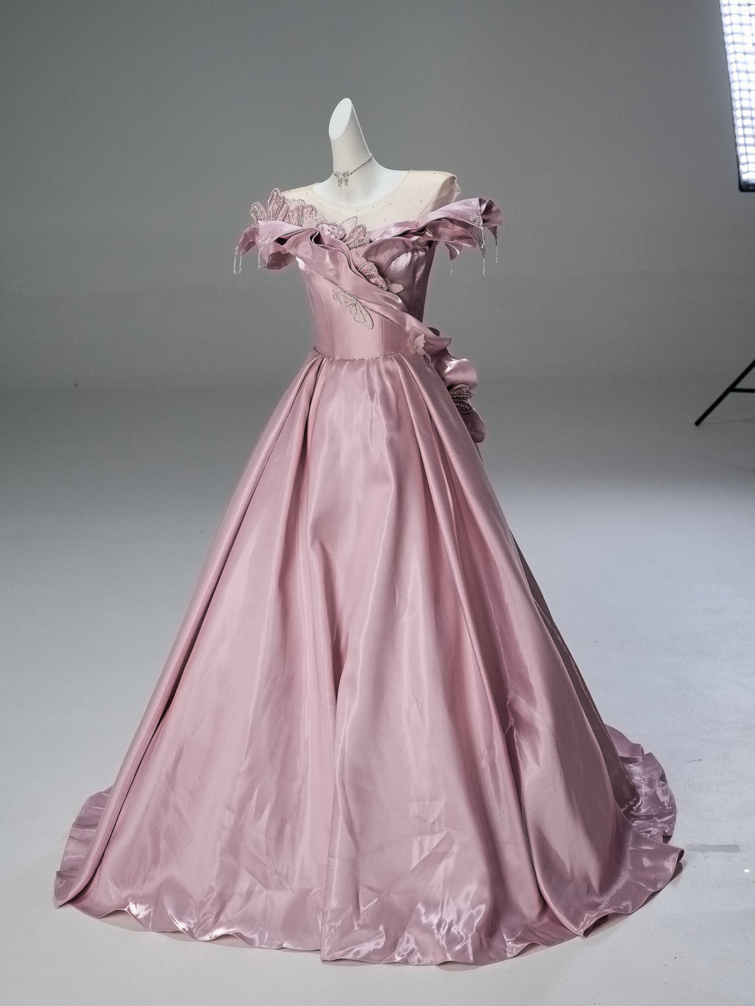 Blush Pink Satin Evening Gown with Leaf Appliqué – Off-Shoulder Evening Dress with Corset Back Plus Size