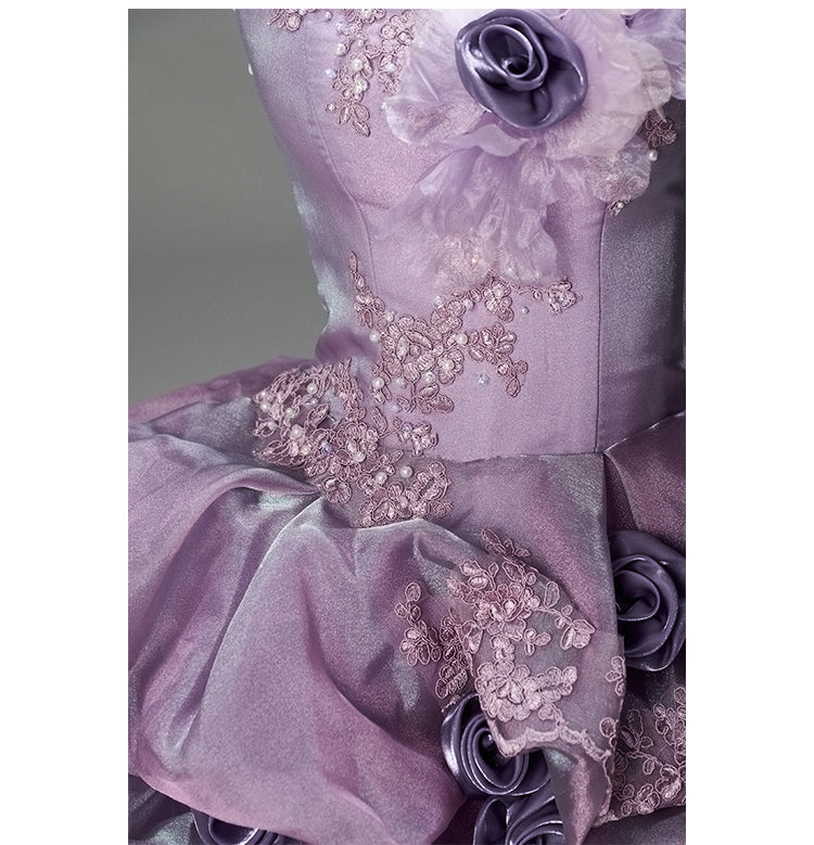Romantic Lavender Purple Tiered Gown with Floral Appliqué –  Strapless Evening Dress with Corset Back and Lace Plus Size