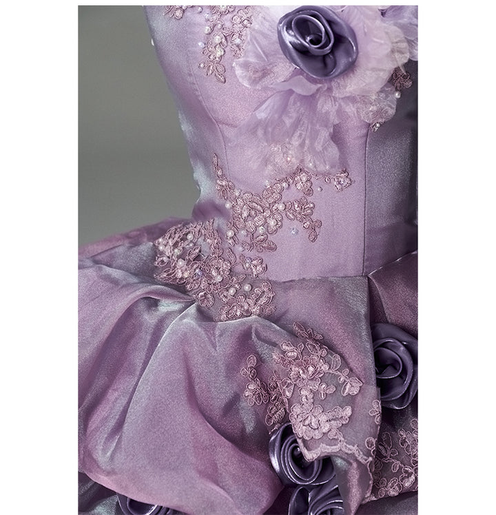 Romantic Lavender Purple Tiered Gown with Floral Appliqué –  Strapless Evening Dress with Corset Back and Lace Plus Size