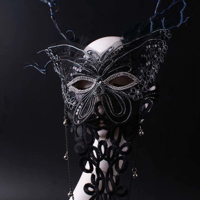 Handmade Gothic Butterfly Mask with Pearls – Fantasy Lace Mardi Gras Mask with Chains