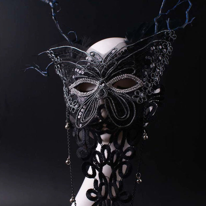 Handmade Gothic Butterfly Mask with Pearls – Fantasy Lace Mardi Gras Mask with Chains
