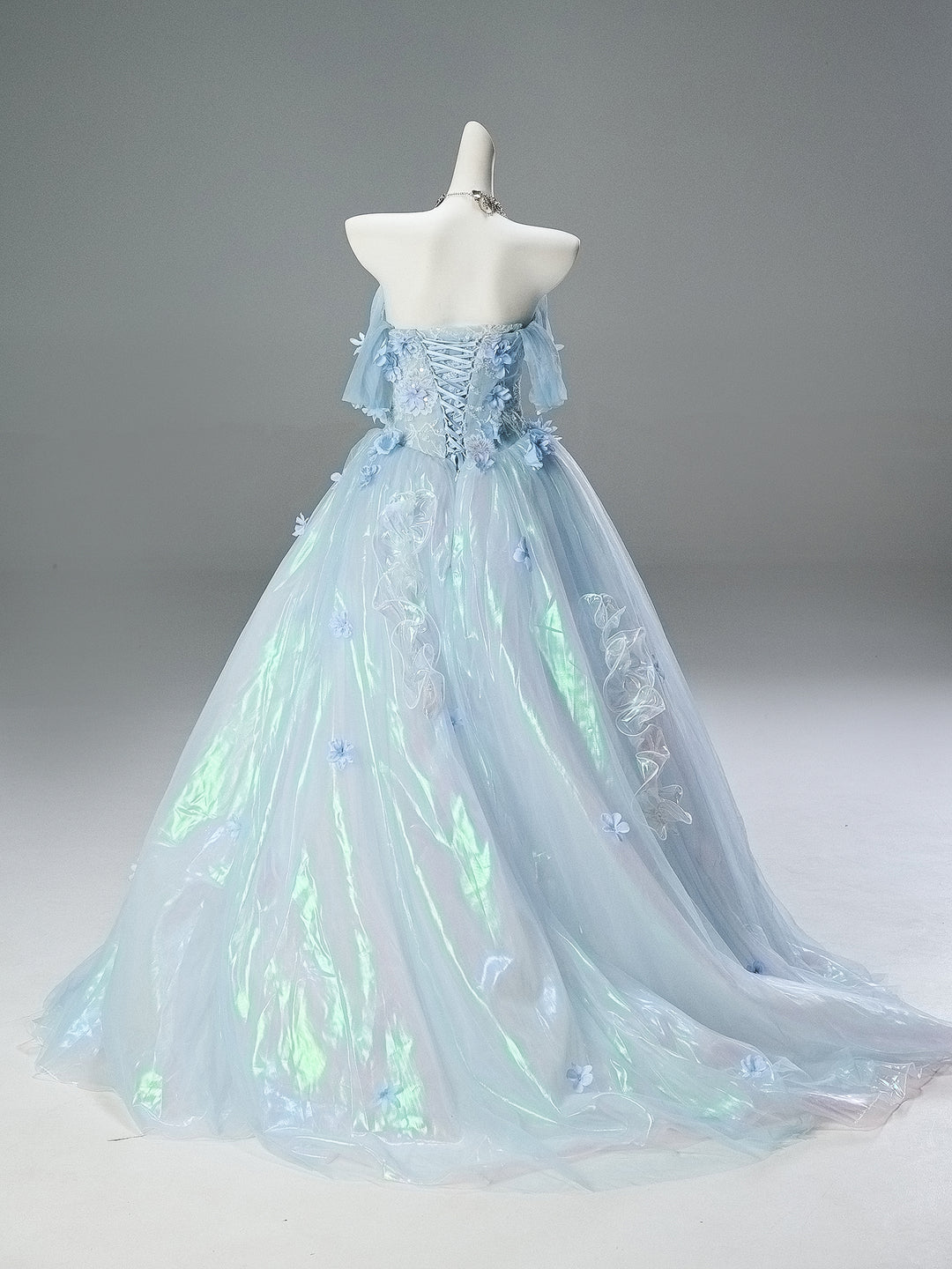 Light Blue Off-Shoulder Evening Gown with Floral Appliqué – Fairy Sparkle Evening Dress with Corset Back Plus Size