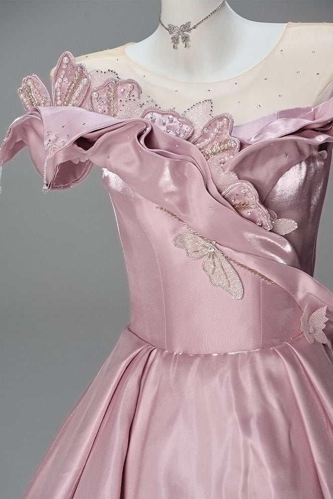 Blush Pink Satin Evening Gown with Leaf Appliqué – Off-Shoulder Evening Dress with Corset Back Plus Size