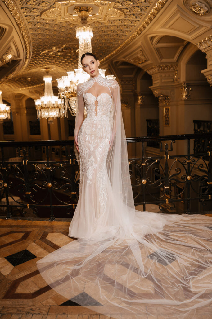Ivory Lace Mermaid Style Wedding Gown with Cape – Sequin Wedding Dress with Sleeveless and Corset Plus Size – GABRIELLE