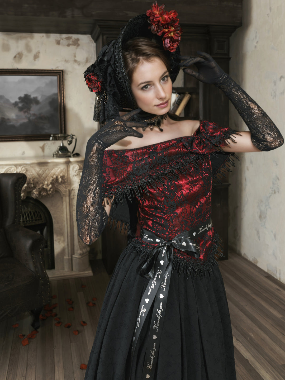 Victorian-Inspired Gothic Black and Red Gothic Dress with Satin Corset Bodice – Off-Shoulder Ball Gown Plus Size