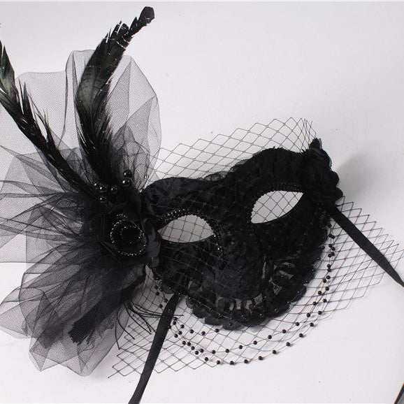 Handcrafted Gothic Black Mardi Gras Mask and Lace Masquerade Mask – Elegant Feather Mask with Veil
