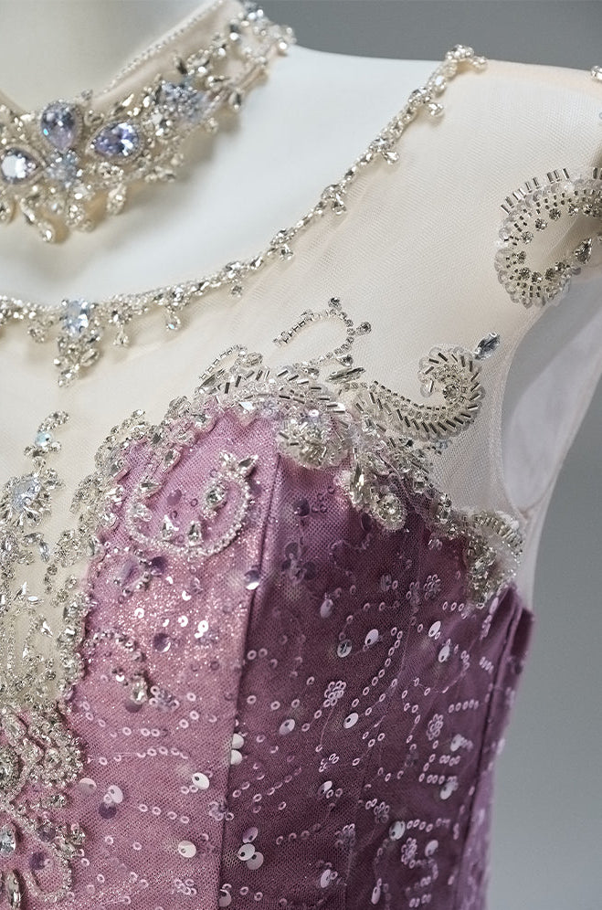 Dusty Rose Pink Short Glitter Dress with Illusion Neckline – Sparkly Sequin Evening Dress with Corset Back Plus Size