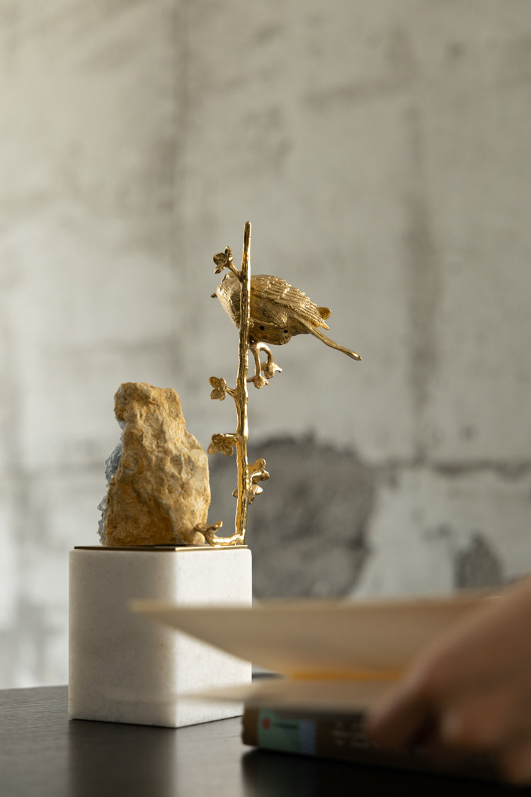 Oriental Handcrafted Golden Brass and Blue Crystal Bird Sculpture on Marble Base
