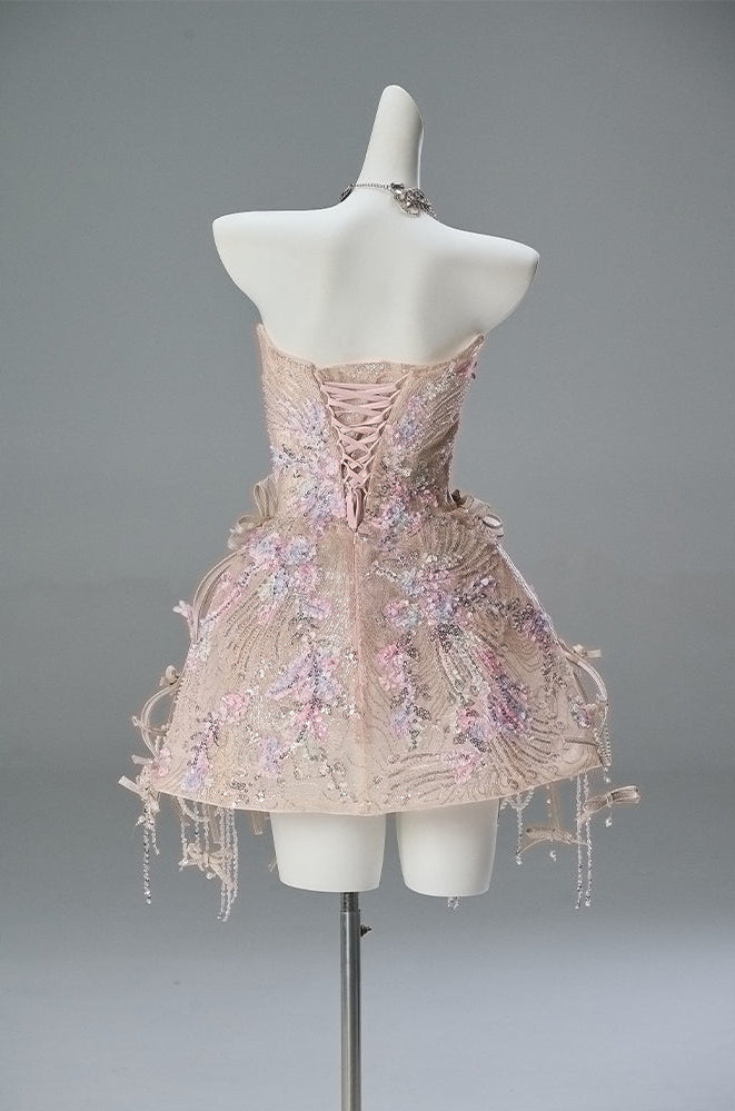 Blush Pink Strapless Mini Sequin Dress with Beaded Details – Sparkly Short Evening Dress with Corset Back Plus Size