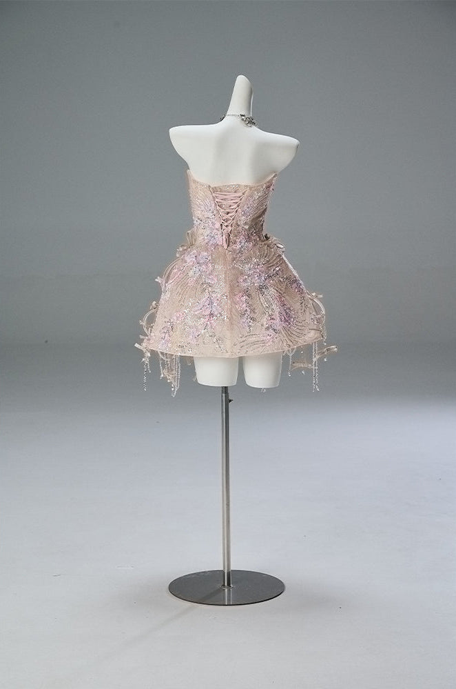 Blush Pink Strapless Mini Sequin Dress with Beaded Details – Sparkly Short Evening Dress with Corset Back Plus Size