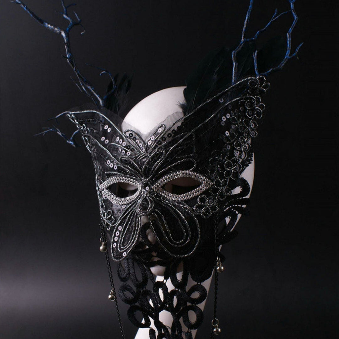 Handmade Gothic Butterfly Mask with Pearls – Fantasy Lace Mardi Gras Mask with Chains