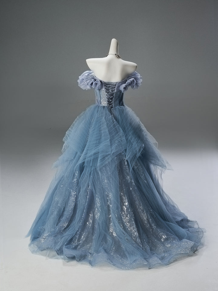 Dusty Blue Off-Shoulder Evening Gown with Floral Appliqué – Sequin Evening Dress with Tulle and Corset Back Plus Size