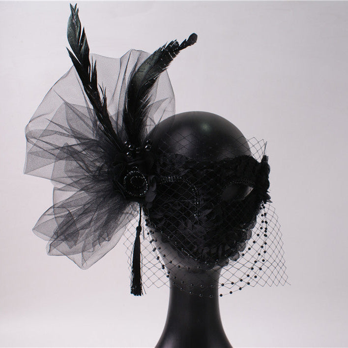 Handcrafted Gothic Black Mardi Gras Mask and Lace Masquerade Mask – Elegant Feather Mask with Veil