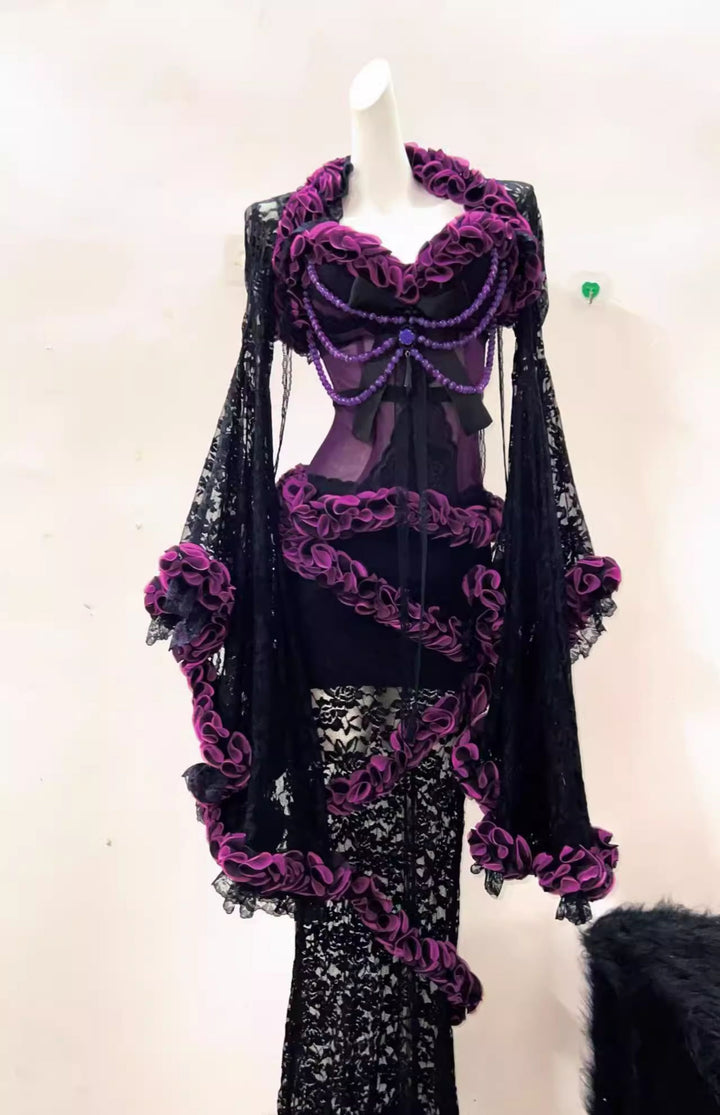 Victorian-Inspired Gothic Black and Purple Lace Corset Dress with Sheer Mermaid Skirt – Black Sexy Dress Plus Size