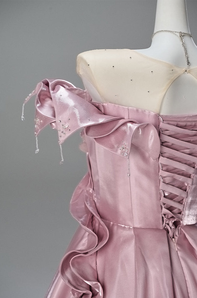 Blush Pink Satin Evening Gown with Leaf Appliqué – Off-Shoulder Evening Dress with Corset Back Plus Size