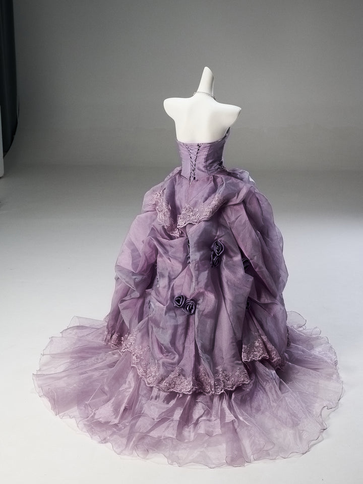 Romantic Lavender Purple Tiered Gown with Floral Appliqué –  Strapless Evening Dress with Corset Back and Lace Plus Size