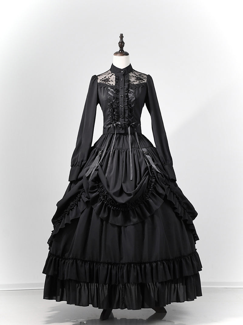 Victorian-Inspired Gothic Black Lace High Neck Ball Gown with Tiered Ruffled Skirt – Corset Back Evening Dress Plus Size
