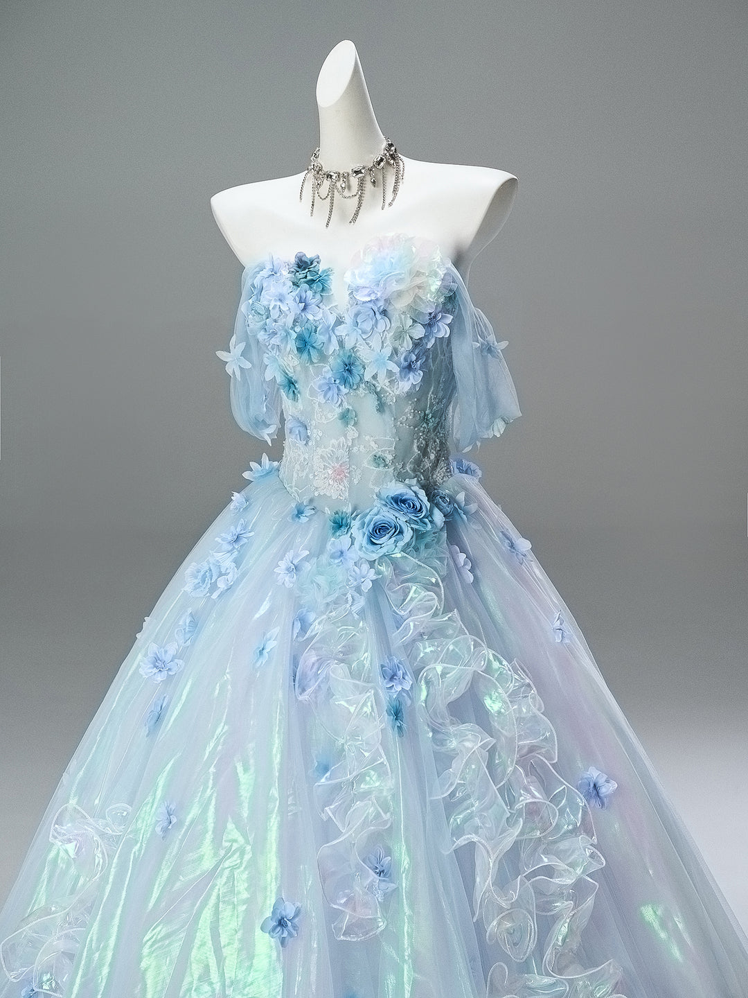 Light Blue Off-Shoulder Evening Gown with Floral Appliqué – Fairy Sparkle Evening Dress with Corset Back Plus Size
