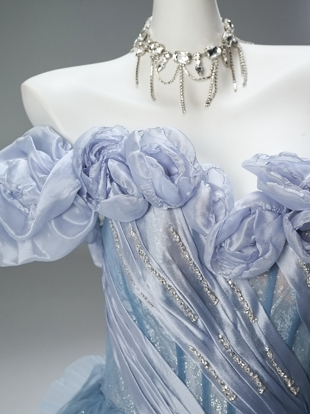 Dusty Blue Off-Shoulder Evening Gown with Floral Appliqué – Sequin Evening Dress with Tulle and Corset Back Plus Size