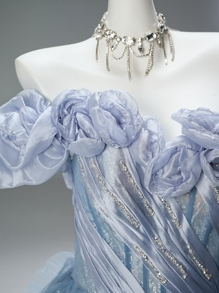 Dusty Blue Off-Shoulder Evening Gown with Floral Appliqué – Sequin Evening Dress with Tulle and Corset Back Plus Size