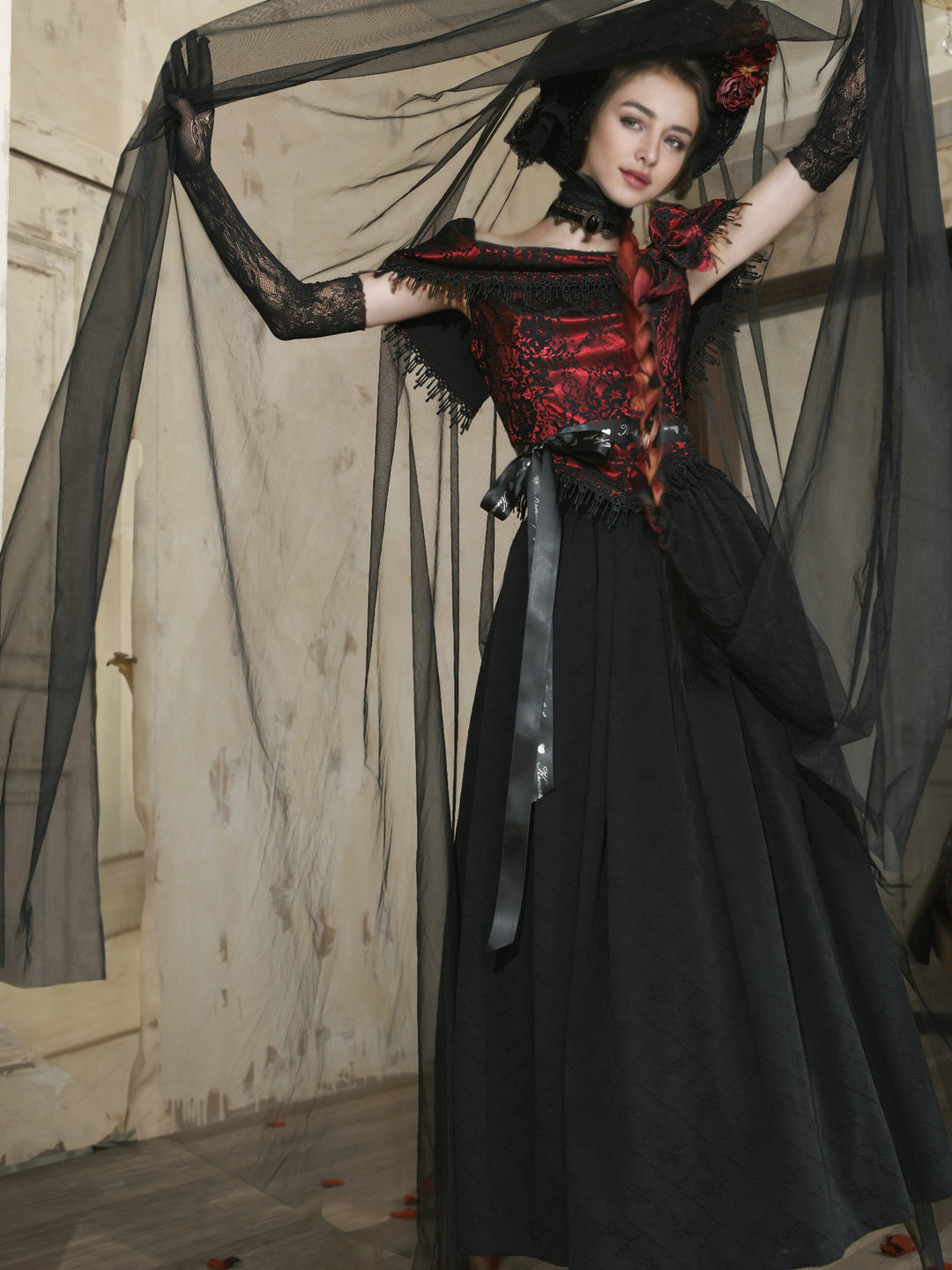 Victorian-Inspired Gothic Black and Red Gothic Dress with Satin Corset Bodice – Off-Shoulder Ball Gown Plus Size